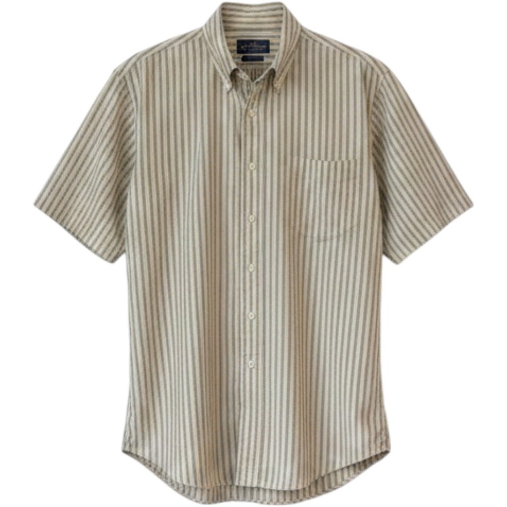 Brooks Brothers Makers Mens 16.5 Yellow Navy Blue Striped SS Button Down Shirt